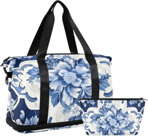 Blue Floral Design Versatile Sports Travel Bag - Lasting Twill Tote, Removable Wheel & Rod Bagging, Multi-pocket Design, Complimentary Makeup Bag