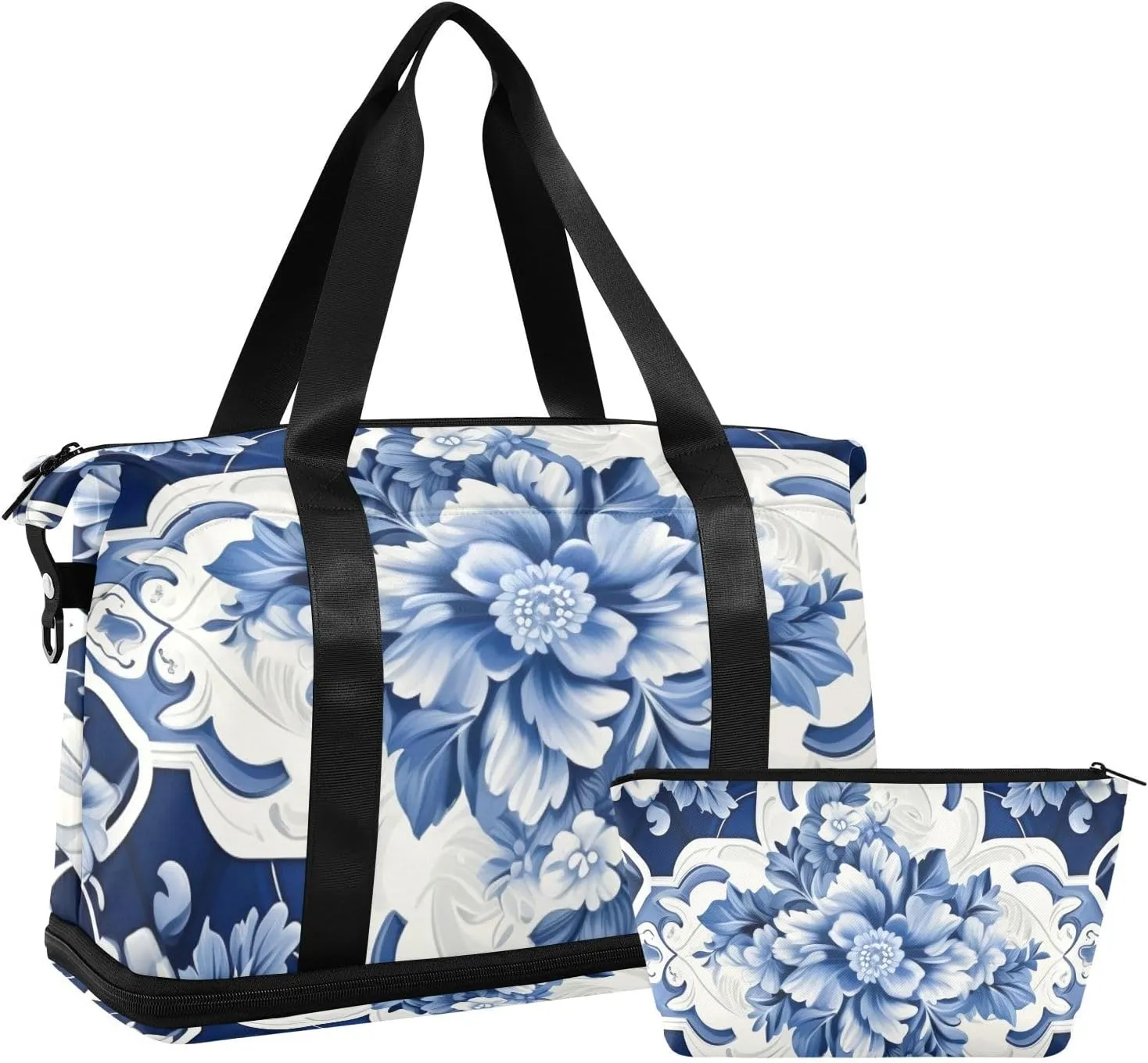 Blue Floral Design Versatile Sports Travel Bag - Lasting Twill Tote, Removable Wheel & Rod Bagging, Multi-pocket Design, Complimentary Makeup Bag