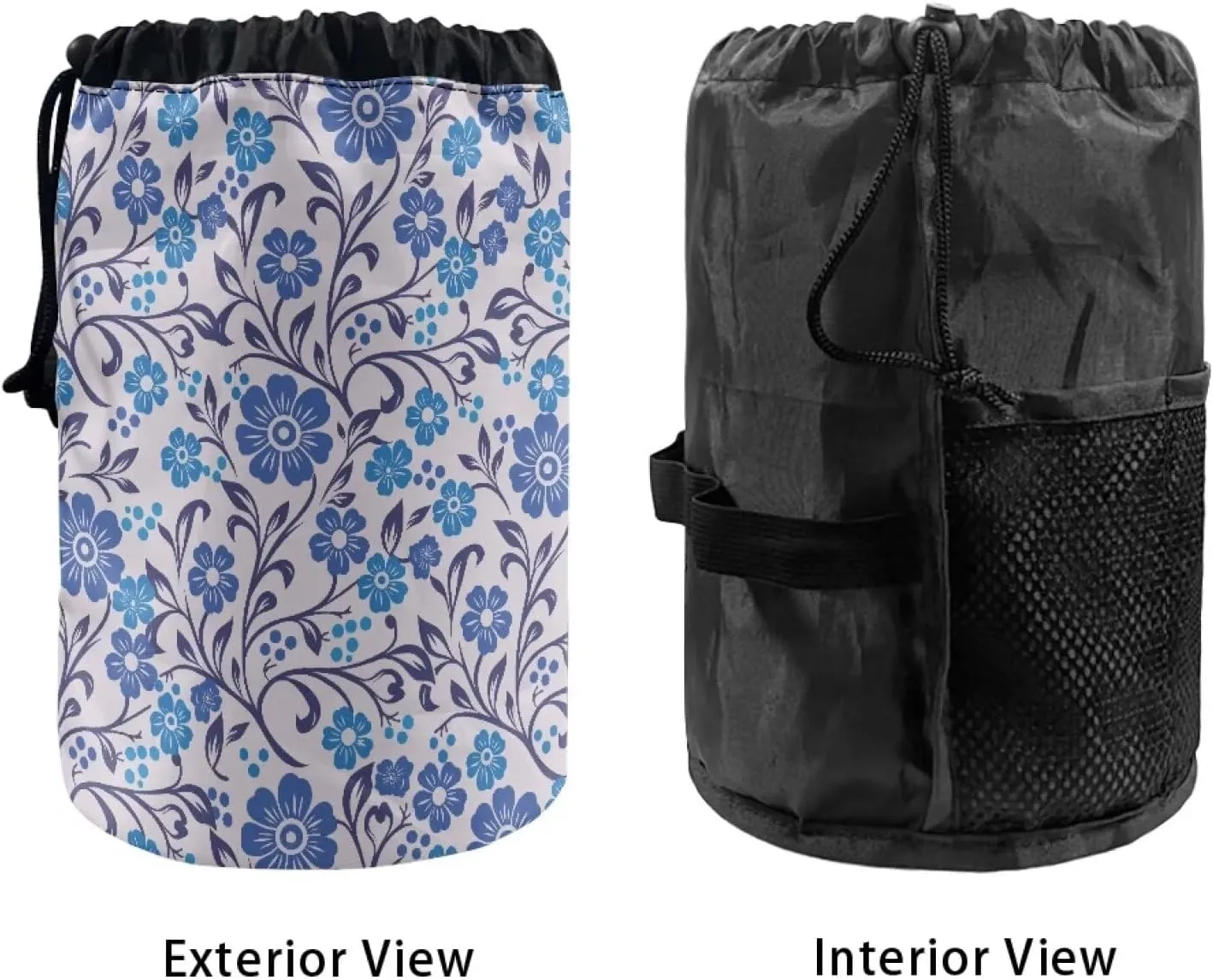 Blue Flowers drawstring makeup bag opens flat travel essentials for women round makeup bag washable makeup bag barrel drawstring makeup bag travel toiletry bag drawstring bags