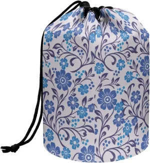 Blue Flowers drawstring makeup bag opens flat travel essentials for women round makeup bag washable makeup bag barrel drawstring makeup bag travel toiletry bag drawstring bags