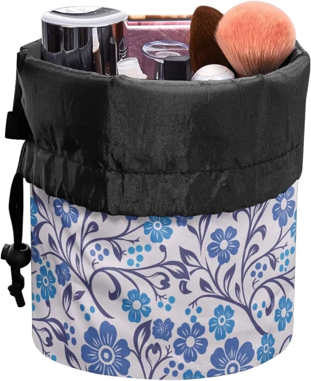 Blue Flowers drawstring makeup bag opens flat travel essentials for women round makeup bag washable makeup bag barrel drawstring makeup bag travel toiletry bag drawstring bags