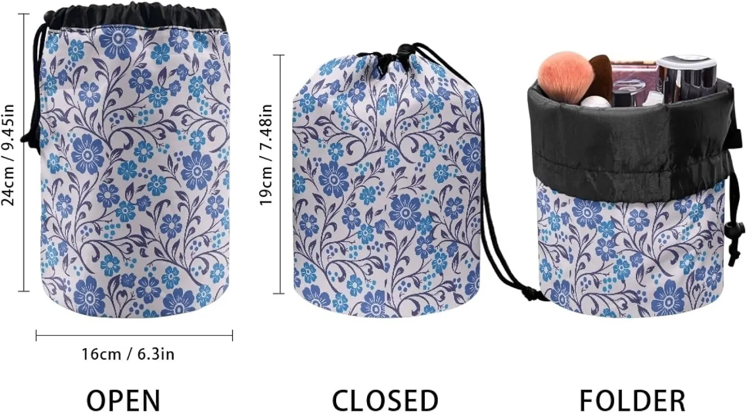 Blue Flowers drawstring makeup bag opens flat travel essentials for women round makeup bag washable makeup bag barrel drawstring makeup bag travel toiletry bag drawstring bags