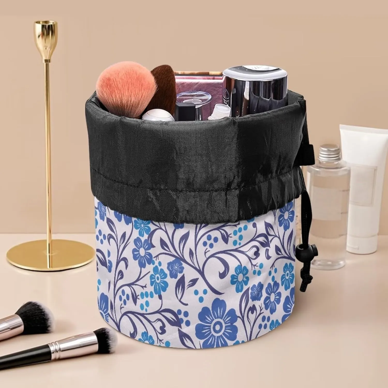 Blue Flowers drawstring makeup bag opens flat travel essentials for women round makeup bag washable makeup bag barrel drawstring makeup bag travel toiletry bag drawstring bags