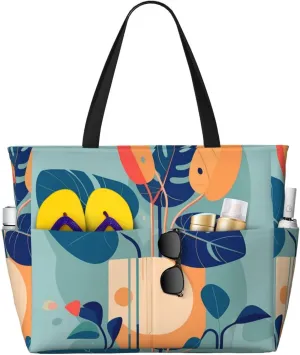 Blue Orange Monstera Print 28L Large Beach Tote Bag, 7 Pockets Waterproof Travel Shoulder Bag, Gym Oversized Tote