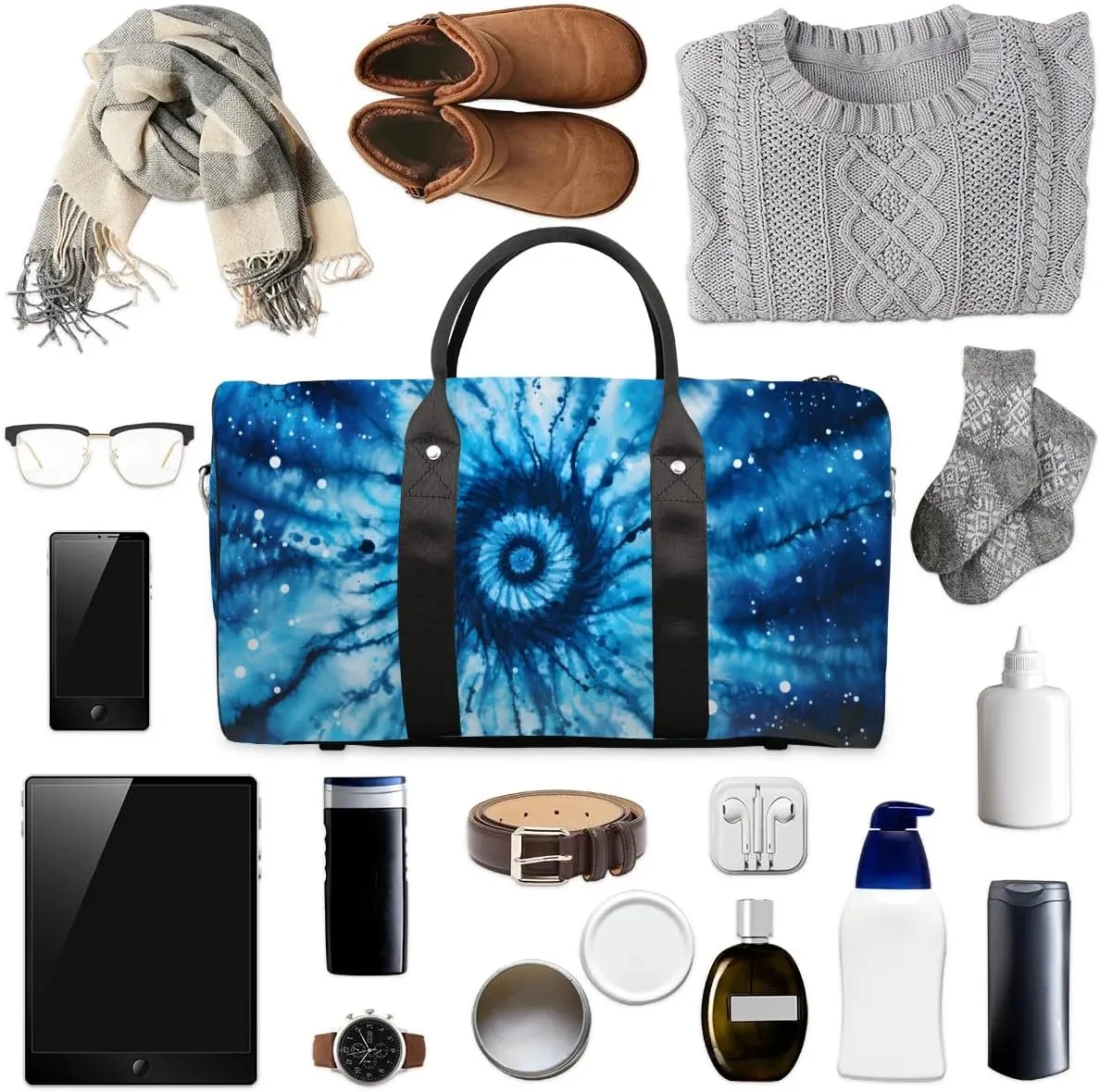 Blue Tie Dye Travel Duffel Bag for Women Men Waterproof Foldable Overnight Weekender Bag Large Capacity Sports Gym Bag