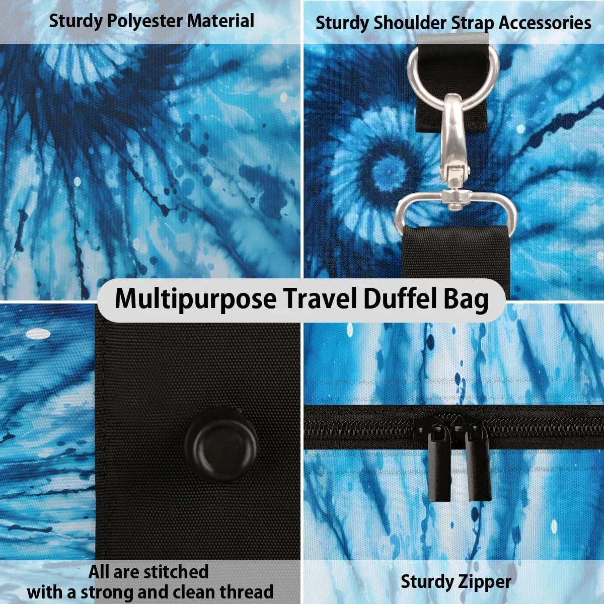 Blue Tie Dye Travel Duffel Bag for Women Men Waterproof Foldable Overnight Weekender Bag Large Capacity Sports Gym Bag