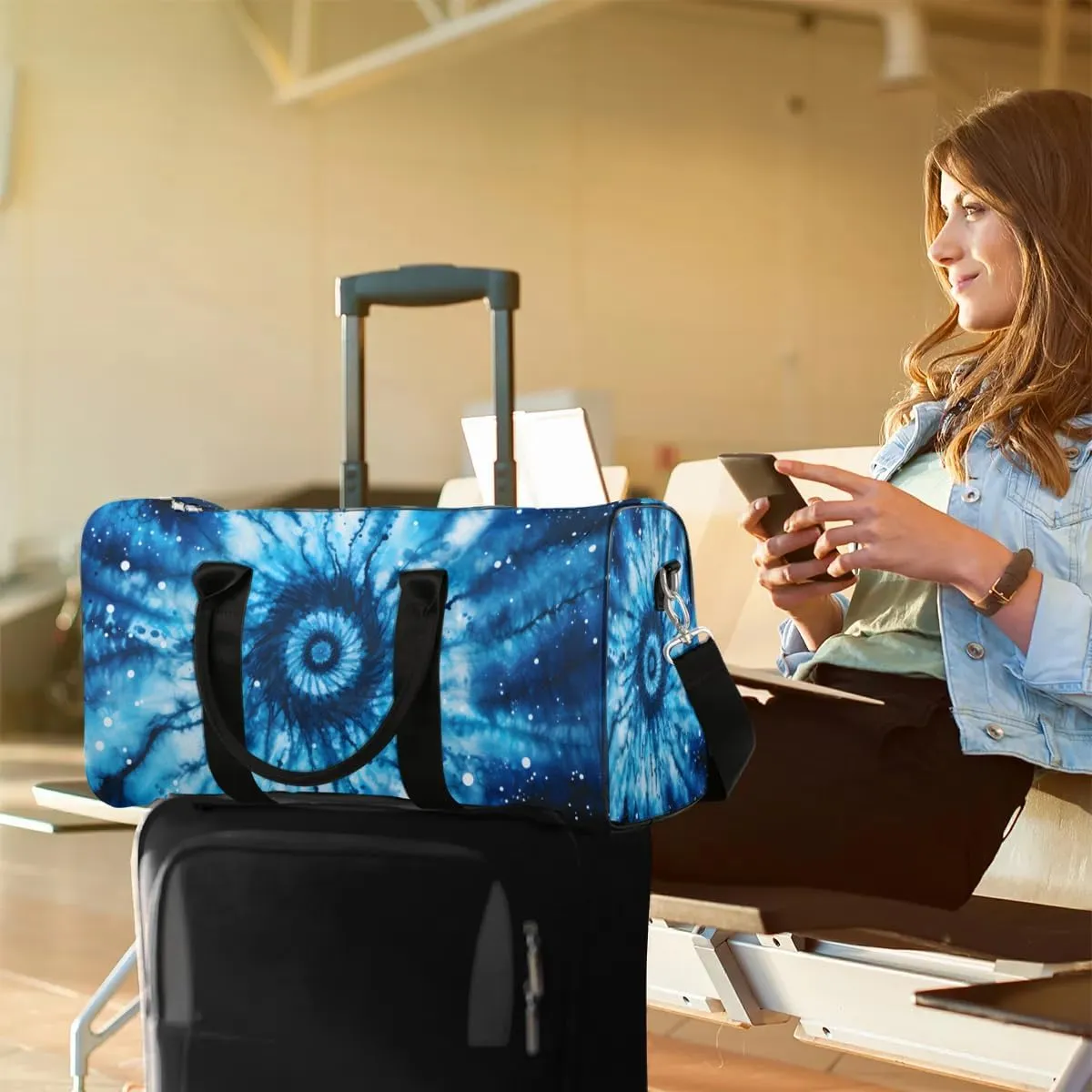 Blue Tie Dye Travel Duffel Bag for Women Men Waterproof Foldable Overnight Weekender Bag Large Capacity Sports Gym Bag