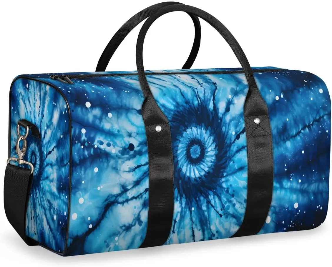 Blue Tie Dye Travel Duffel Bag for Women Men Waterproof Foldable Overnight Weekender Bag Large Capacity Sports Gym Bag