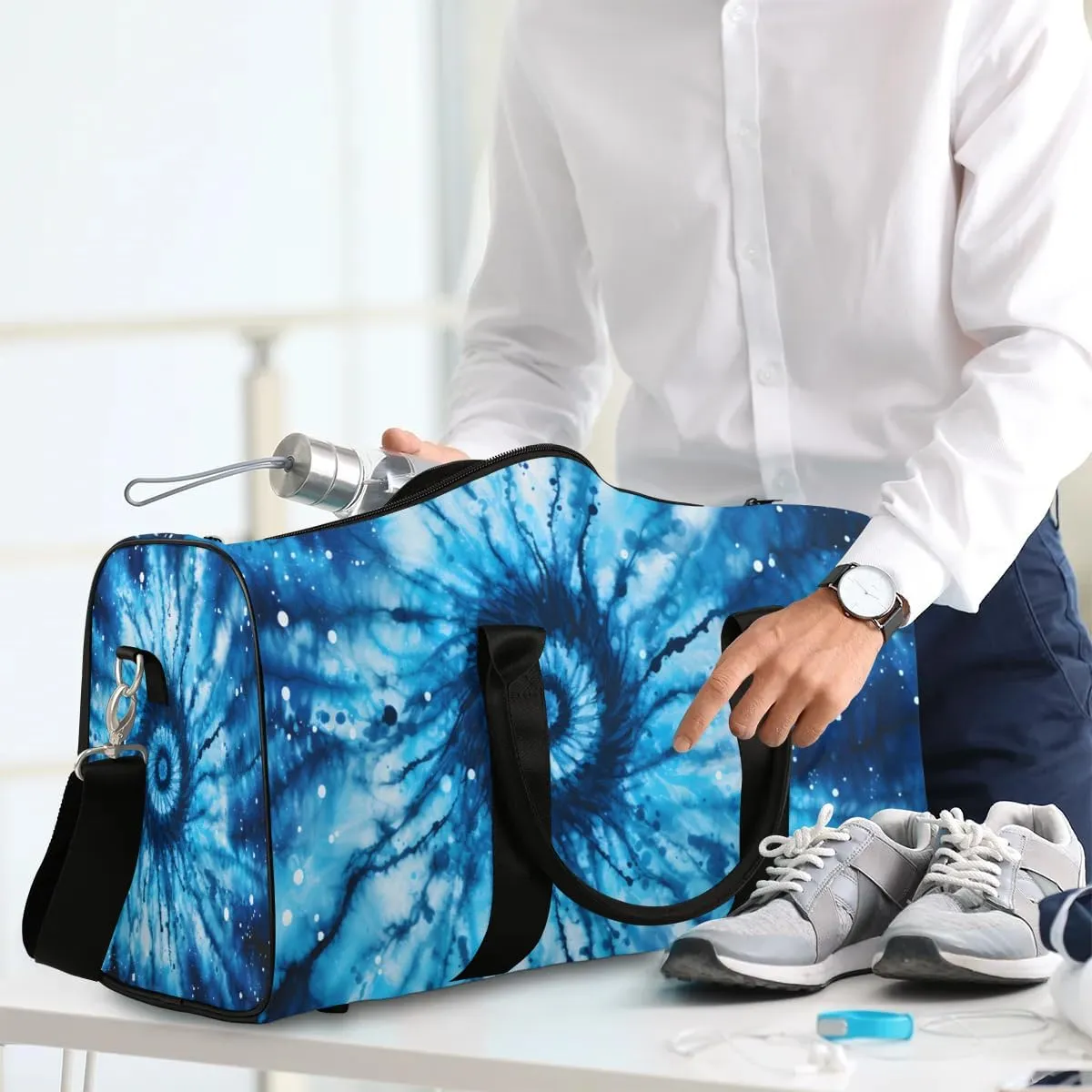 Blue Tie Dye Travel Duffel Bag for Women Men Waterproof Foldable Overnight Weekender Bag Large Capacity Sports Gym Bag