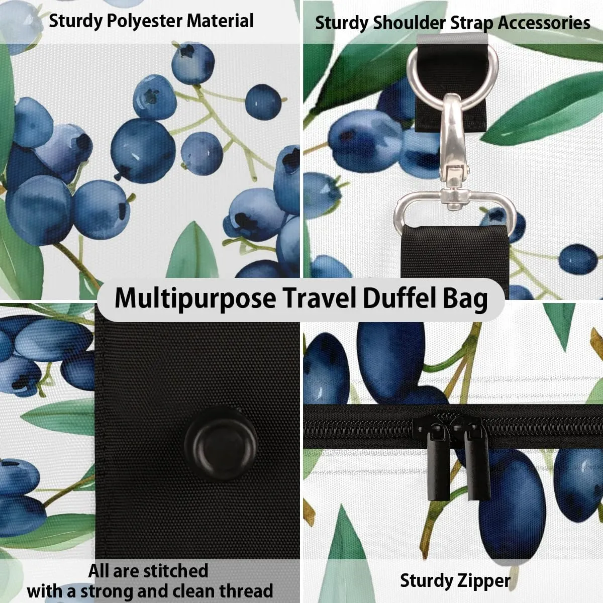Blueberry Fruit Pattern Travel Duffel Bag for Women Men Waterproof Foldable Overnight Weekender Bag Large Capacity Sports Gym Bag