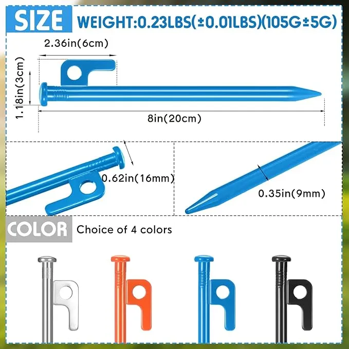 Blulu 24 Pcs 8/12/16 Inch Tent Stakes Heavy Duty Steel Metal Tent Pegs Unbreakable and Inflexible Metal Stakes Tent Spikes for Camping, Yard Decoration, Picnic, Tarp(Blue, 8 Inch)