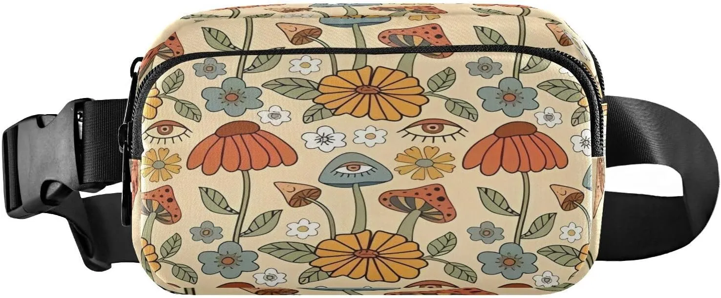 Boho Floral Psychedelic Retro 70s Mushrooms Flowers Eyes Hippie Fanny Pack Fanny Pack Crossbody Waist Pack for Men Women Adjustable Hip Pouch Bag Fashion waterproof for Travel Casual Running Hiking