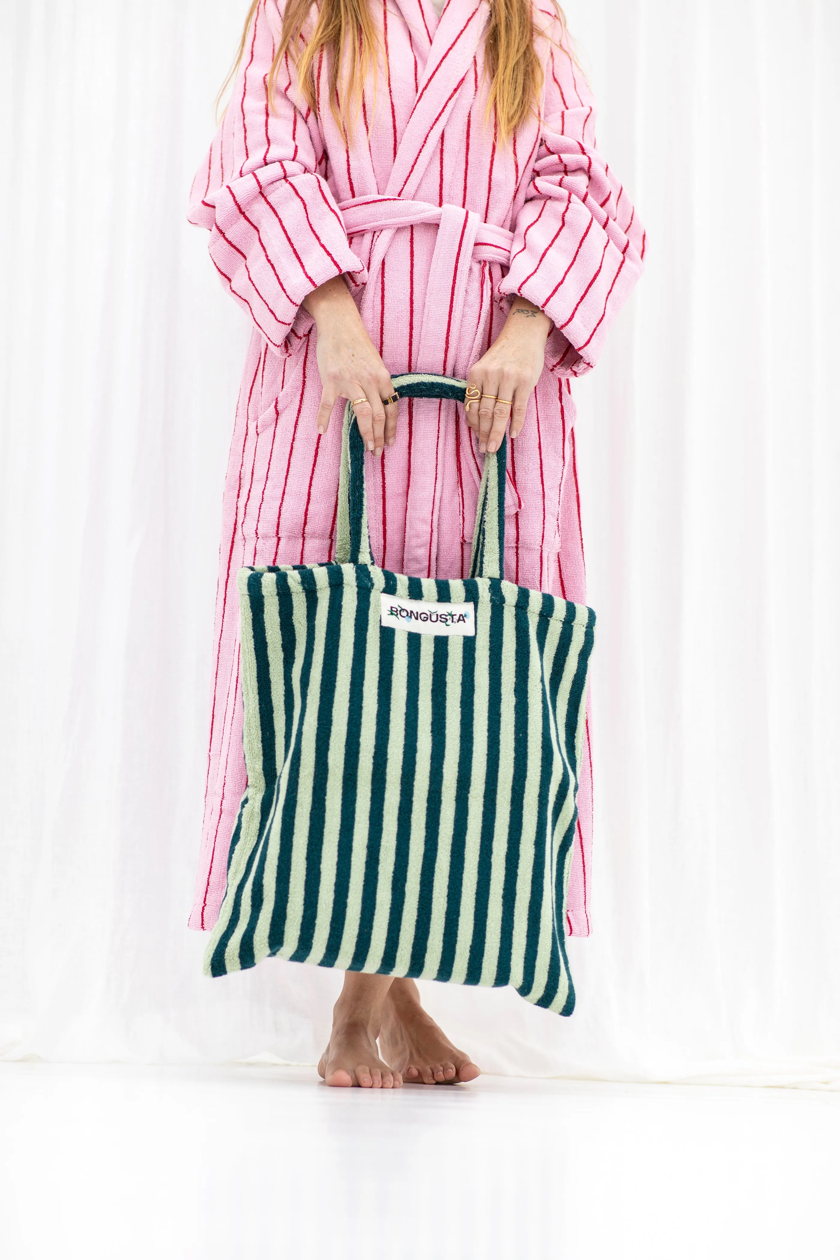 Bongusta Naram Tote Bag Sea Foam & Deep Teal Stripe
