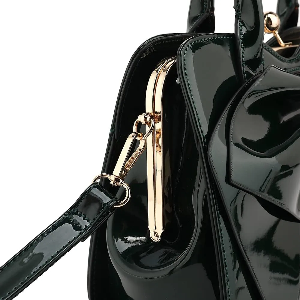 BOW FRAME SATCHEL WITH DETACHABLE SHOULDER STRAP PATENT LEATHER