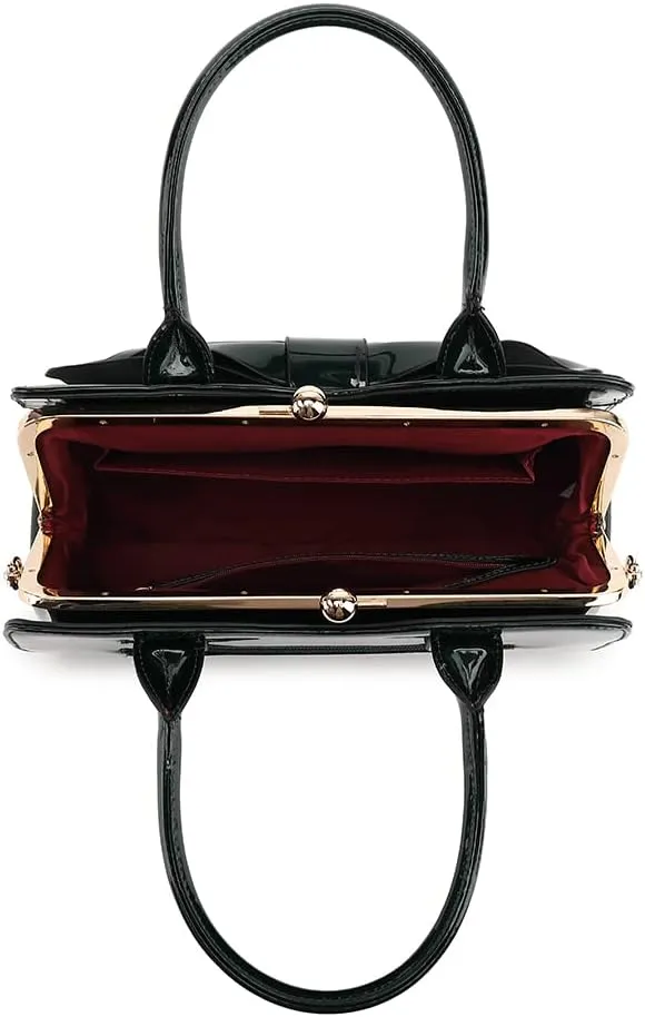BOW FRAME SATCHEL WITH DETACHABLE SHOULDER STRAP PATENT LEATHER