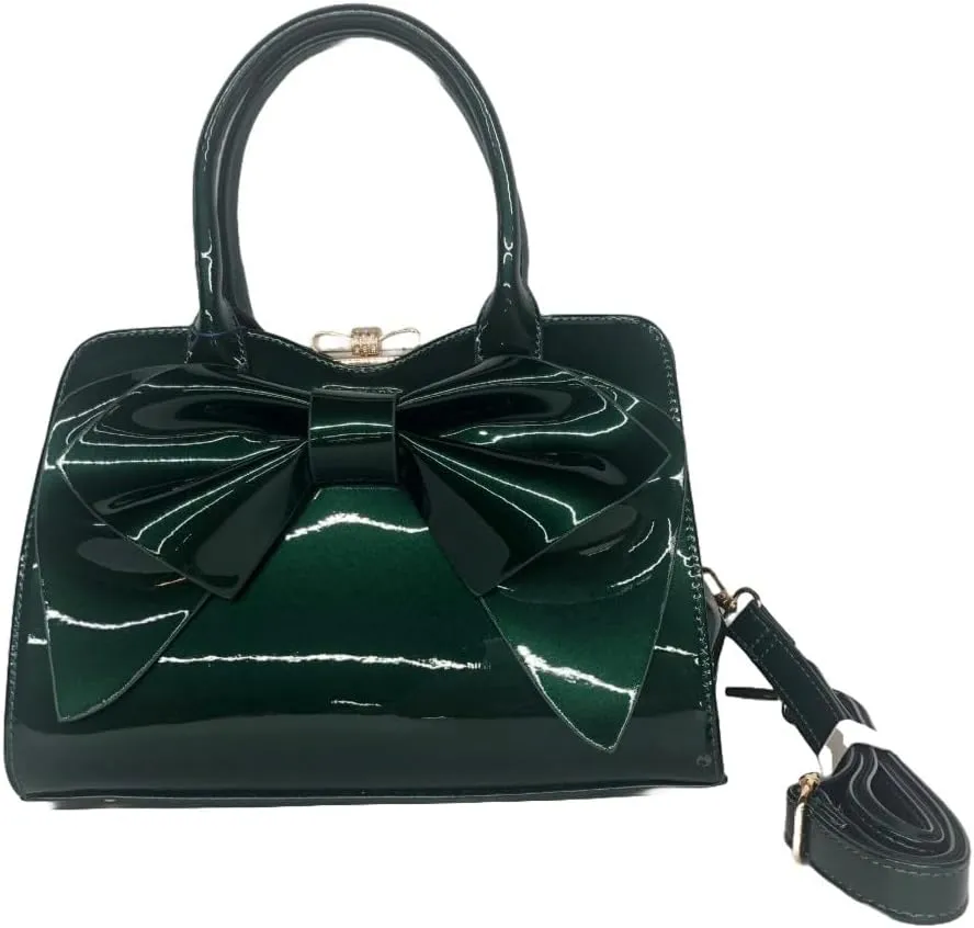 BOW FRAME SATCHEL WITH DETACHABLE SHOULDER STRAP PATENT LEATHER