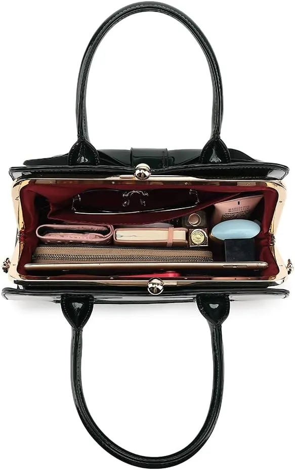 BOW FRAME SATCHEL WITH DETACHABLE SHOULDER STRAP PATENT LEATHER