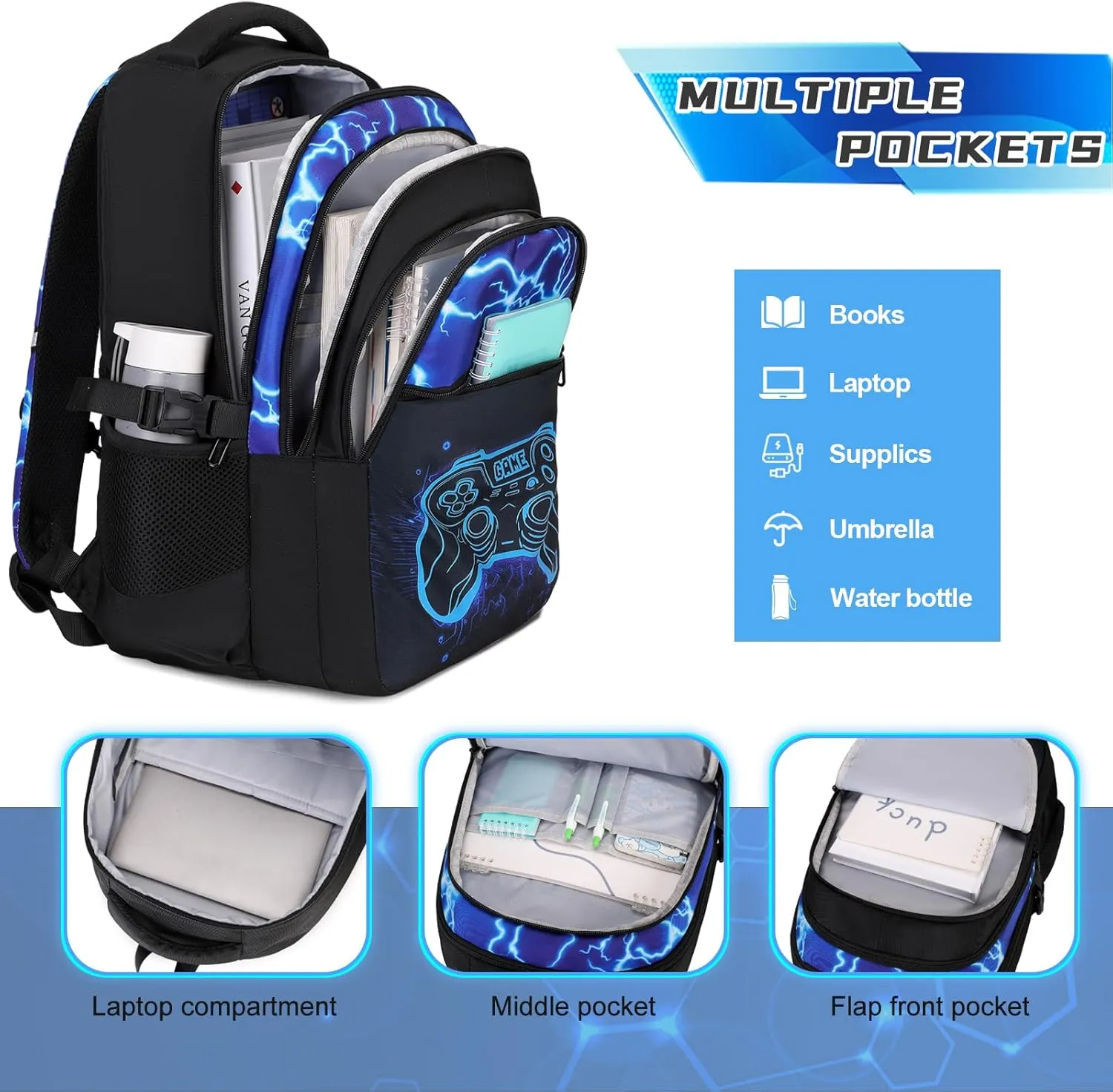 Boys Backpack for School, 3PCS Cool Luminous Gamer Backpack for Boys with Lunch Box Pencil Case, Kids Backpacks Bookbag for Teen Boys Elementary Middle High School with USB Charging Port