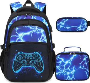 Boys Backpack for School, 3PCS Cool Luminous Gamer Backpack for Boys with Lunch Box Pencil Case, Kids Backpacks Bookbag for Teen Boys Elementary Middle High School with USB Charging Port