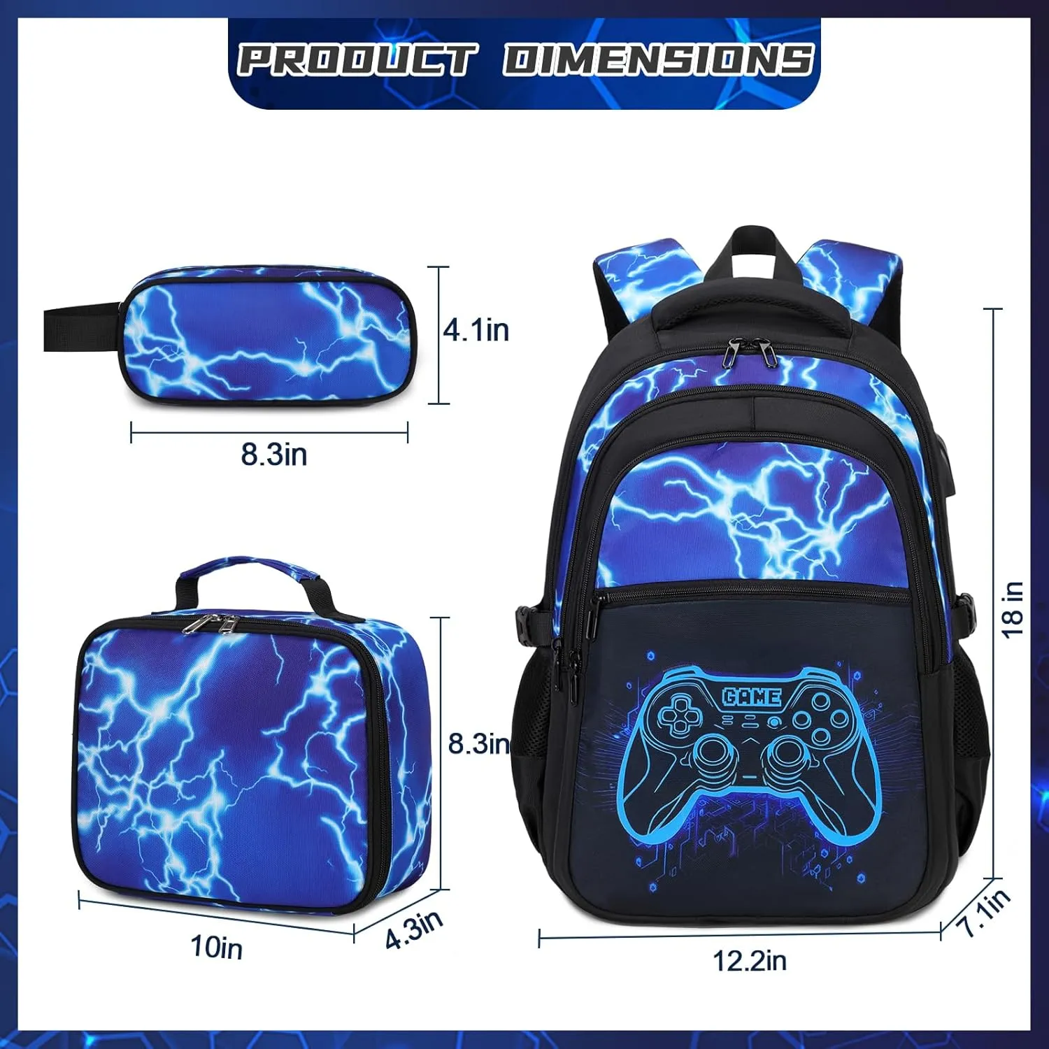 Boys Backpack for School, 3PCS Cool Luminous Gamer Backpack for Boys with Lunch Box Pencil Case, Kids Backpacks Bookbag for Teen Boys Elementary Middle High School with USB Charging Port