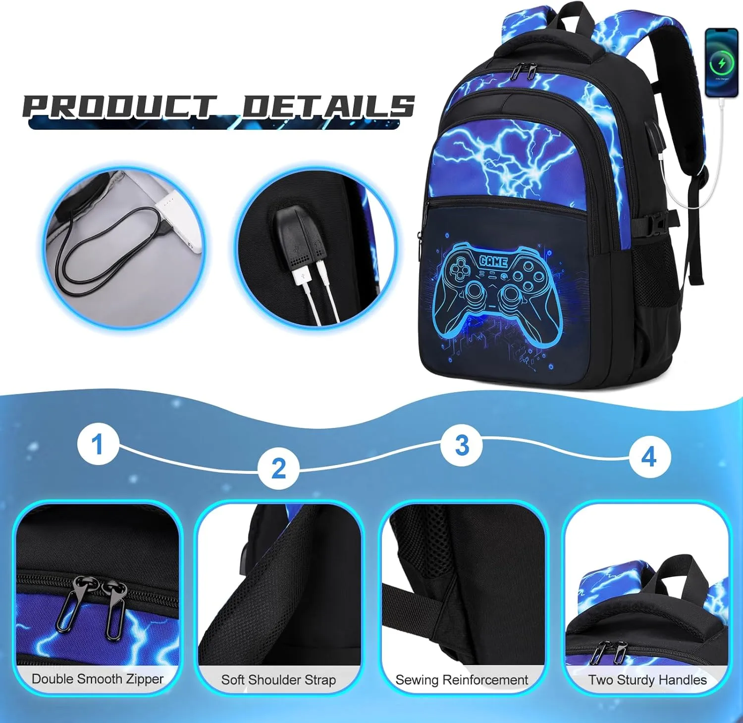 Boys Backpack for School, 3PCS Cool Luminous Gamer Backpack for Boys with Lunch Box Pencil Case, Kids Backpacks Bookbag for Teen Boys Elementary Middle High School with USB Charging Port