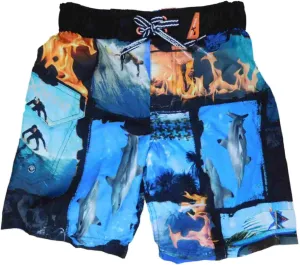 Boys Black & Blue Surfing Shark Flame Panels Swim Trunks Board Shorts