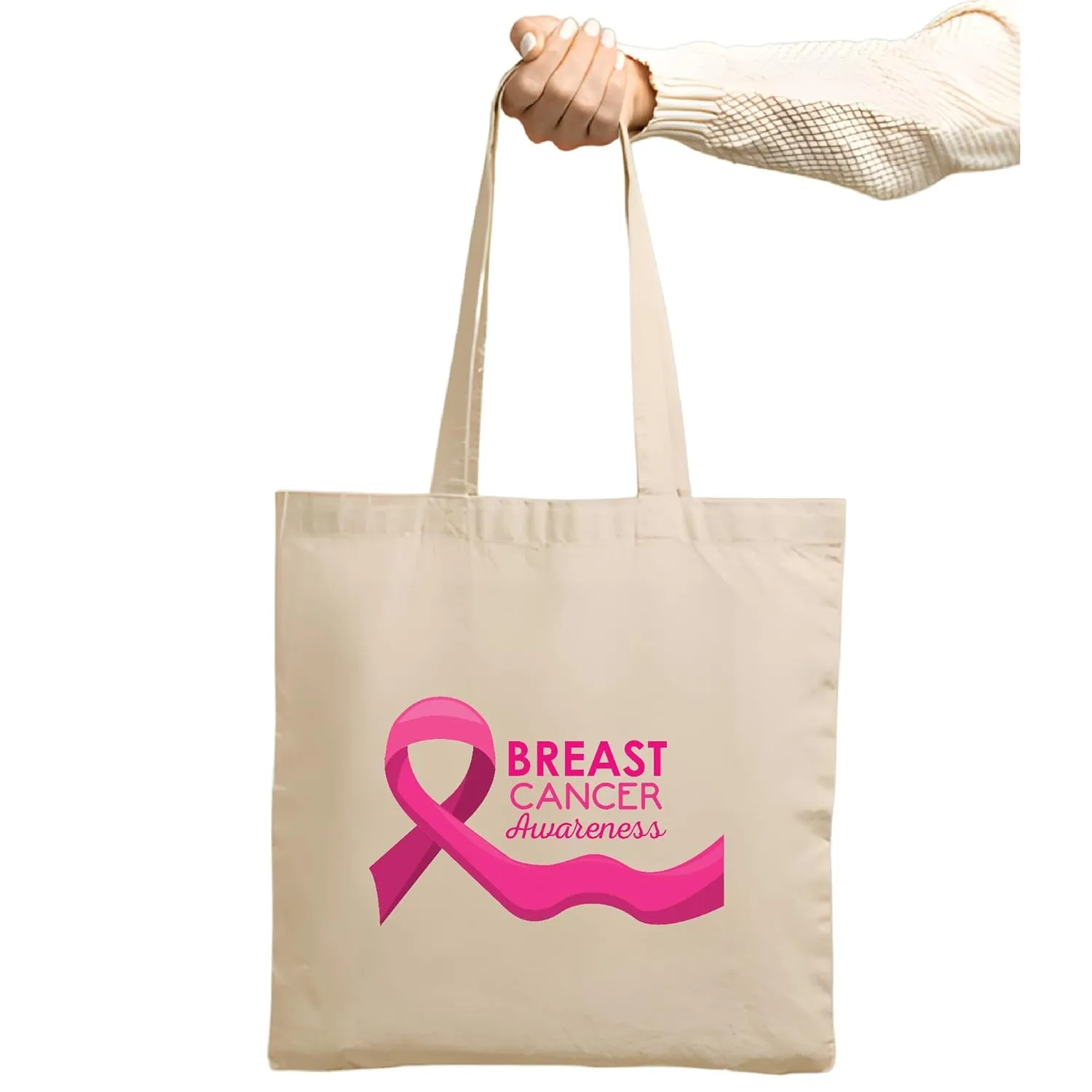 Breast Cancer Awareness Gift for SurvivorsPink Ribbon Motivational Uplifting Natural White Multicolor Canvas Tote Bag