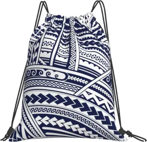 BREAUX Blue Polynesian Maori Tribal Pattern print Leisure drawstring backpack, fitness bag, foldable fit for sports travel and daily use
