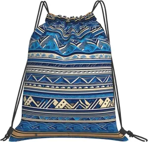 BREAUX Blue Polynesian Maori Tribal Print print Leisure drawstring backpack, fitness bag, foldable fit for sports travel and daily use