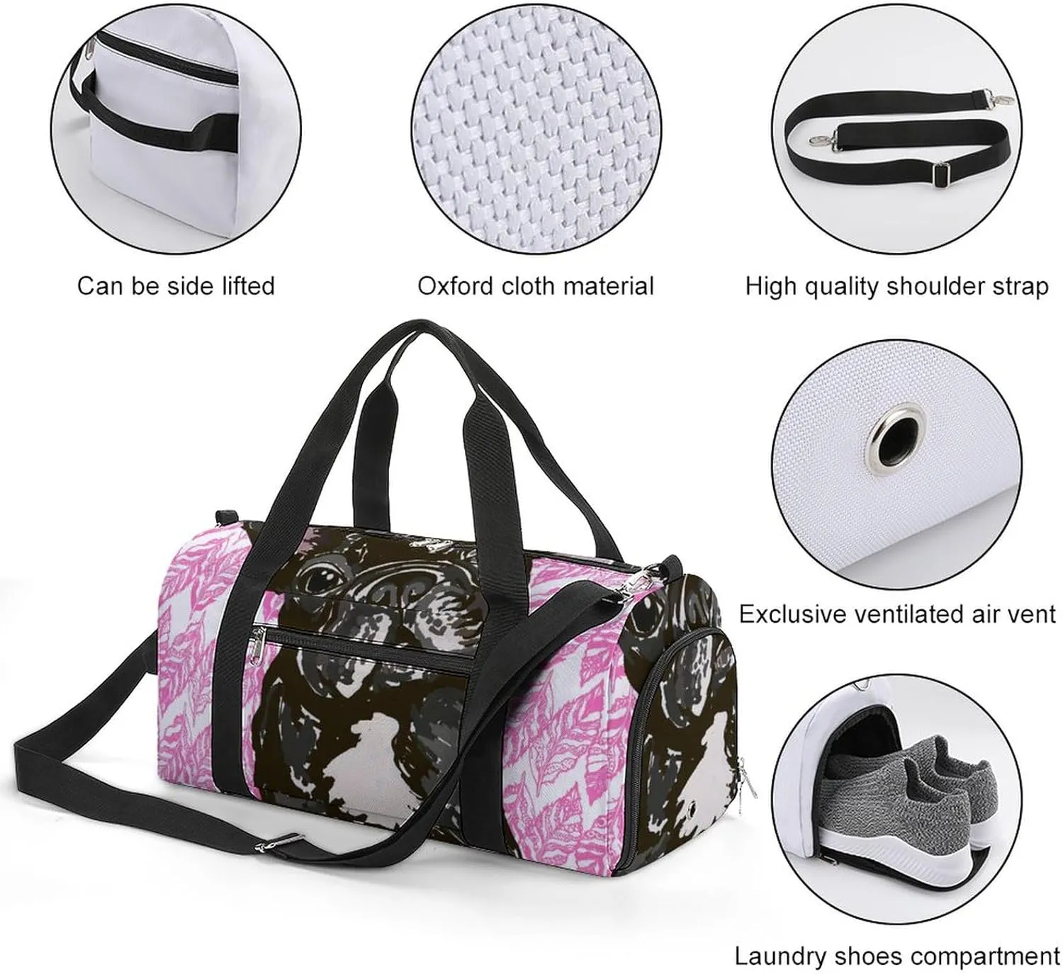 Breed French Bulldog Pattern Water Resistant Gym Bag with Shoe Compartment, Travel Duffel Tote Bag Weekender Overnight Bag for Women Men