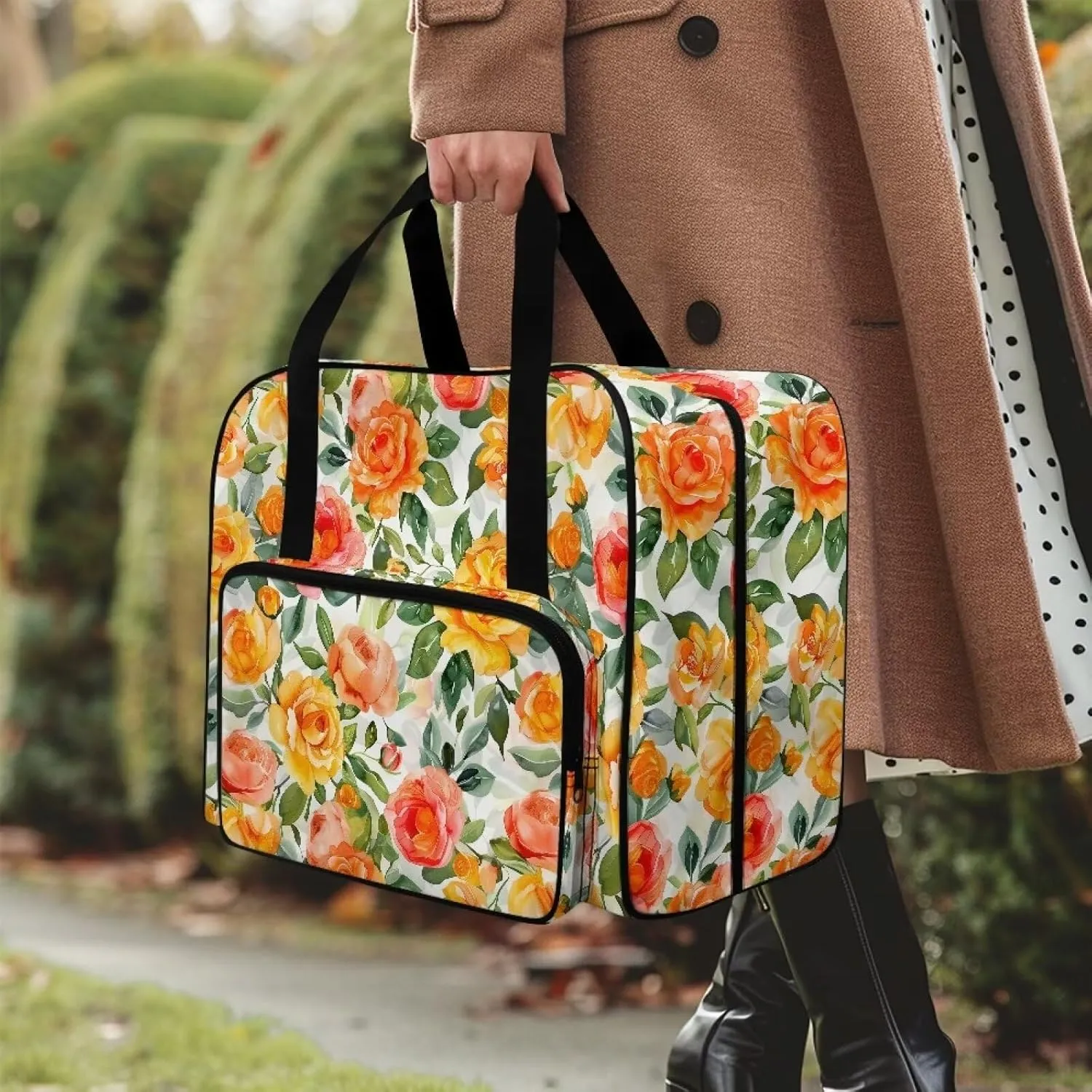 Bright Flower Sewing Machine Case Heavy Padded Tote Bag Portable Sewing Machine Handbag Dust Proof Compatible with Most Standard Sewing Machines