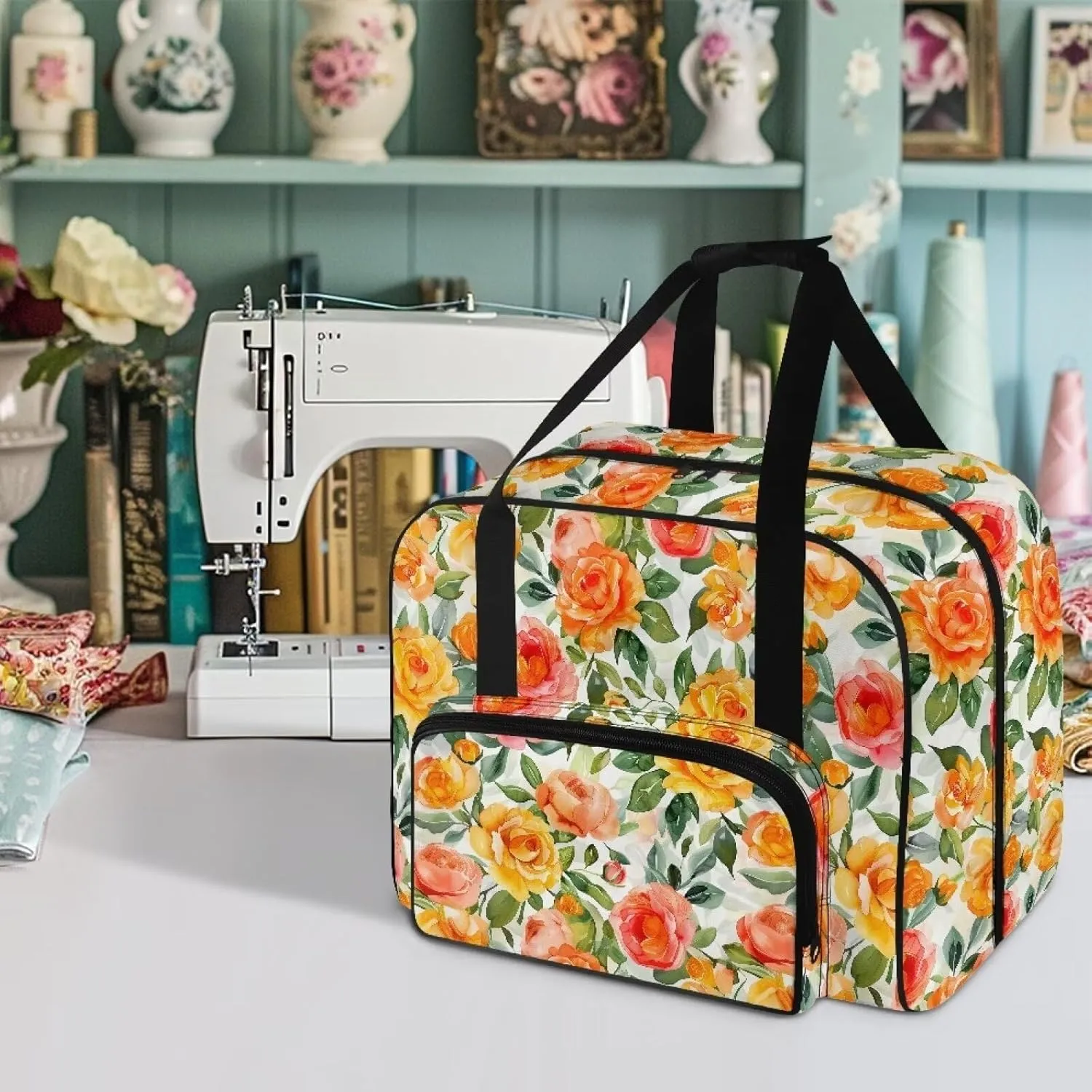 Bright Flower Sewing Machine Case Heavy Padded Tote Bag Portable Sewing Machine Handbag Dust Proof Compatible with Most Standard Sewing Machines