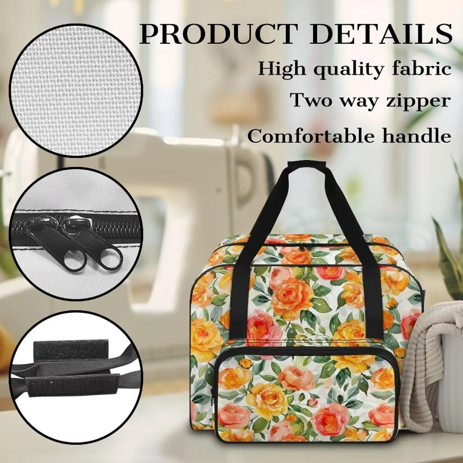 Bright Flower Sewing Machine Case Heavy Padded Tote Bag Portable Sewing Machine Handbag Dust Proof Compatible with Most Standard Sewing Machines