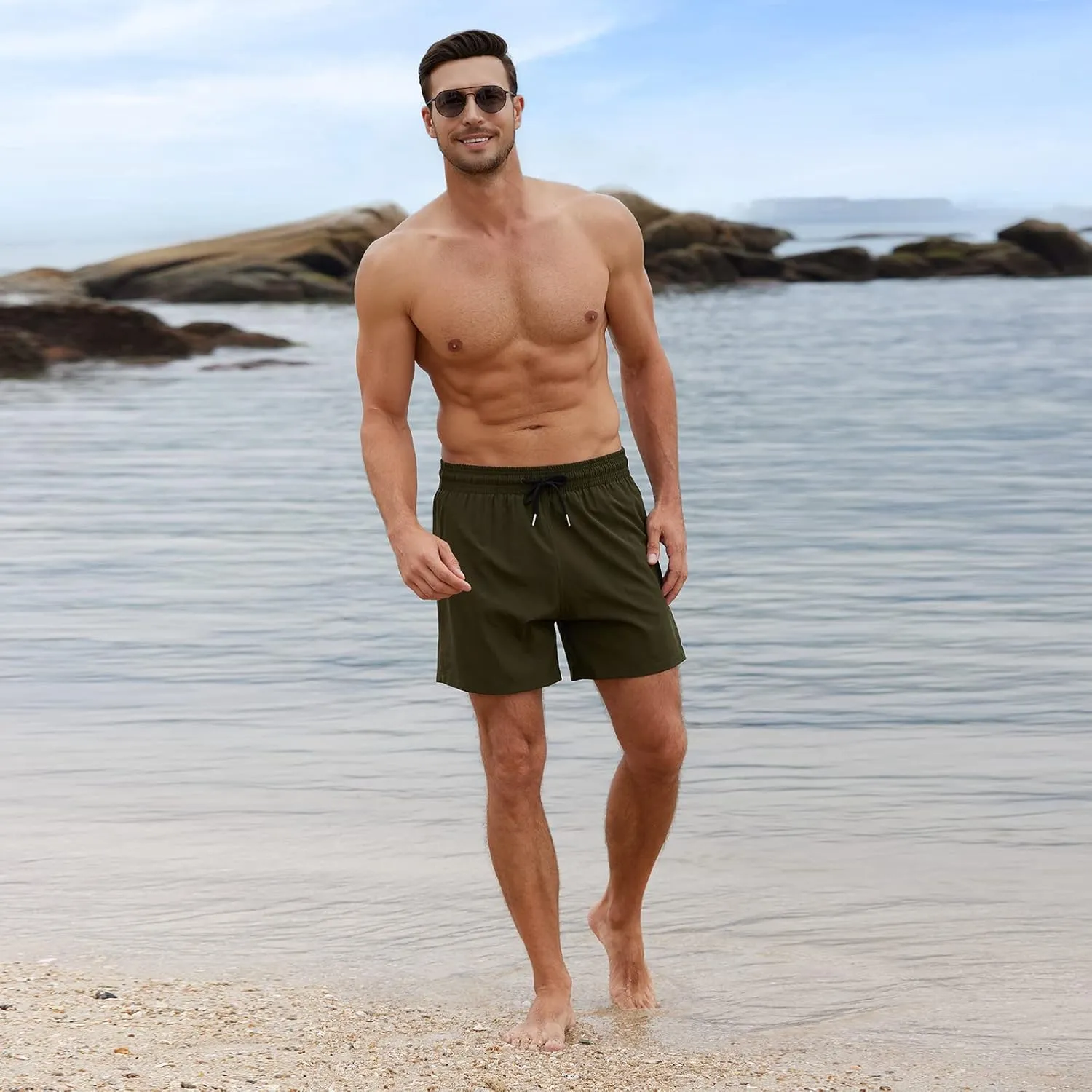 BRISIRA Mens Swim Trunks Bathing Suit 5 Inch Inseam Compression Liner Beach Swim Shorts Swimwear Quick Dry Zipper Pocket