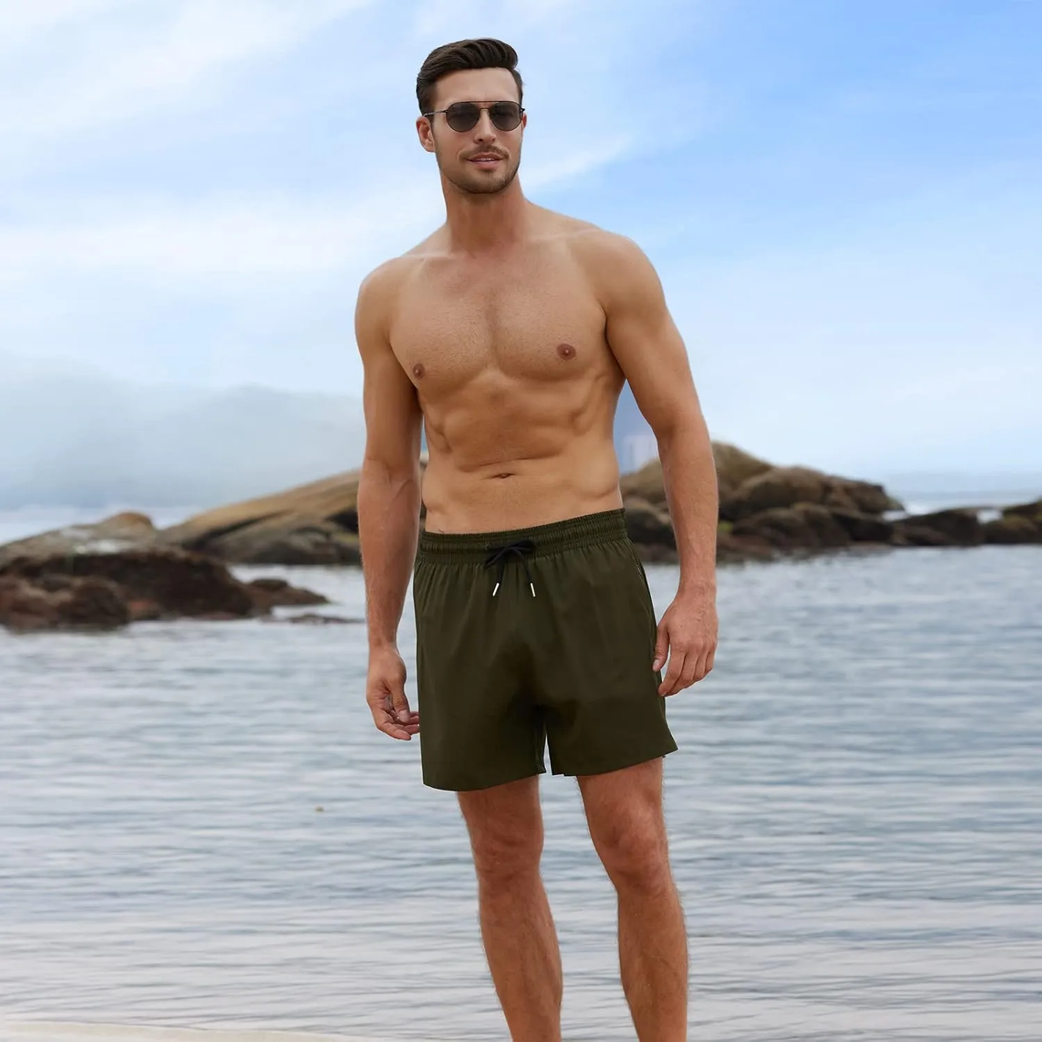 BRISIRA Mens Swim Trunks Bathing Suit 5 Inch Inseam Compression Liner Beach Swim Shorts Swimwear Quick Dry Zipper Pocket