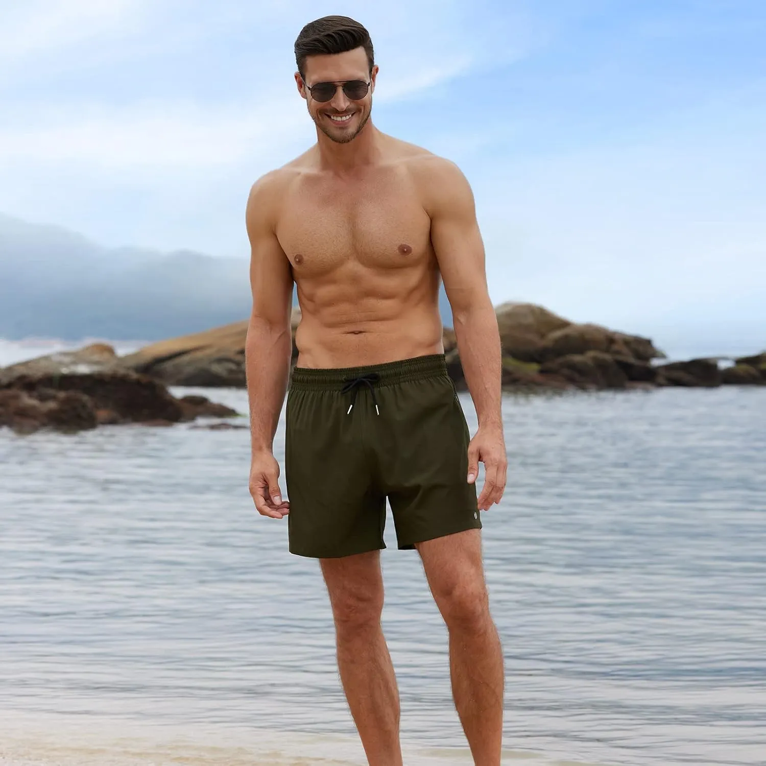 BRISIRA Mens Swim Trunks Bathing Suit 5 Inch Inseam Compression Liner Beach Swim Shorts Swimwear Quick Dry Zipper Pocket