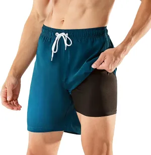 BRISIRA Mens Swim Trunks Swim Shorts 7 inch Compression Liner Bathing Suit Beach Shorts Swimwear Stretch Quick Dry Pockets