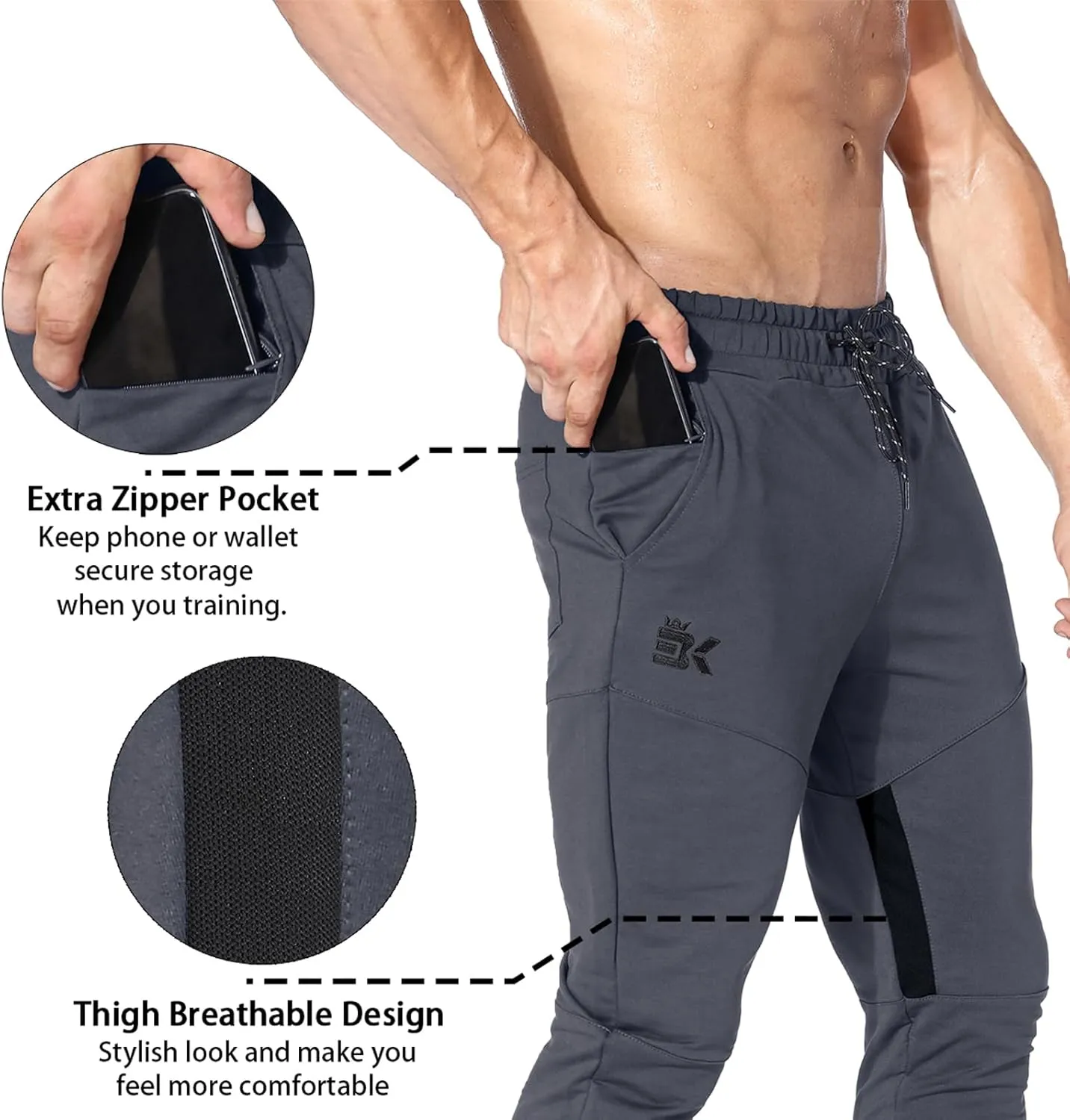 BROKIG Mens Gym Jogger Pants,Casual Slim Workout Sweatpants with Zipper Pockets Bodybuilding Athletic Pants