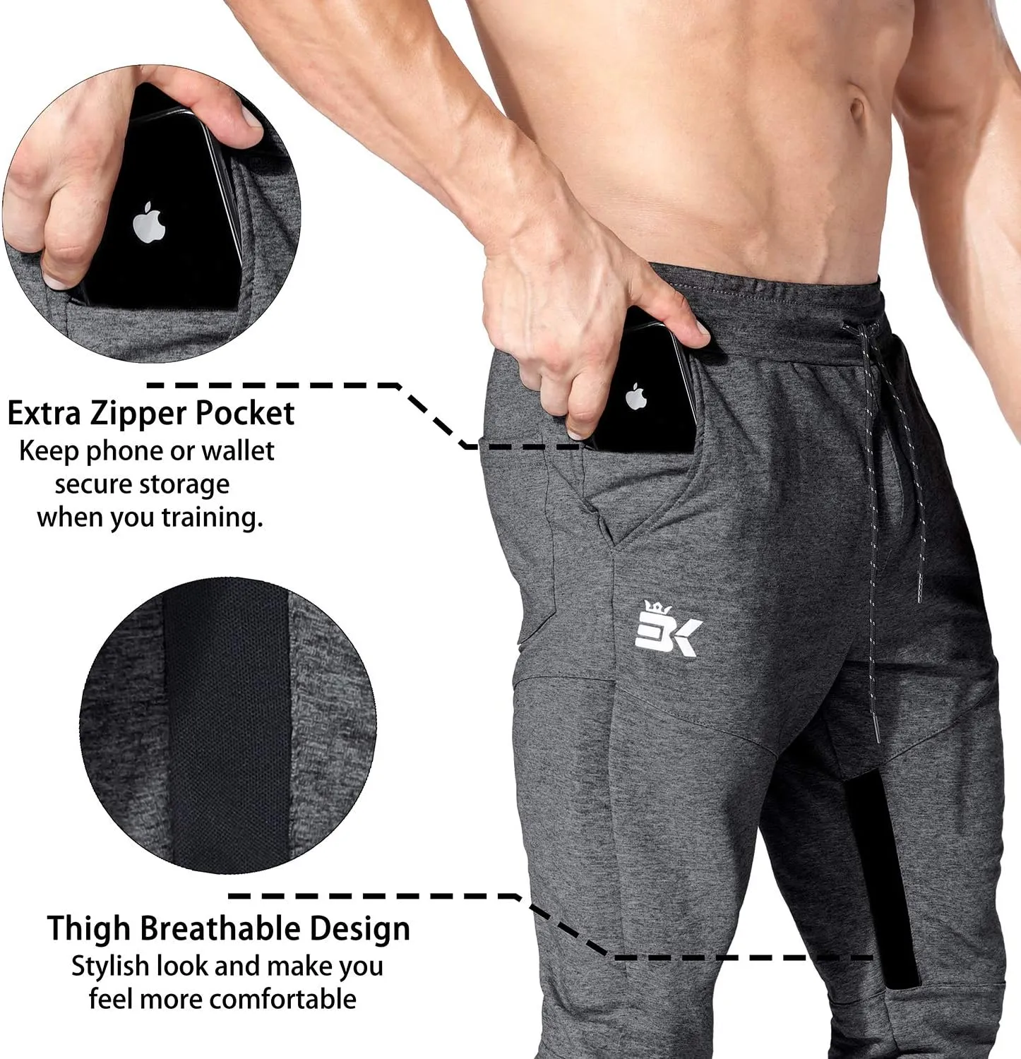 BROKIG Mens Gym Jogger Pants,Casual Slim Workout Sweatpants with Zipper Pockets Bodybuilding Athletic Pants