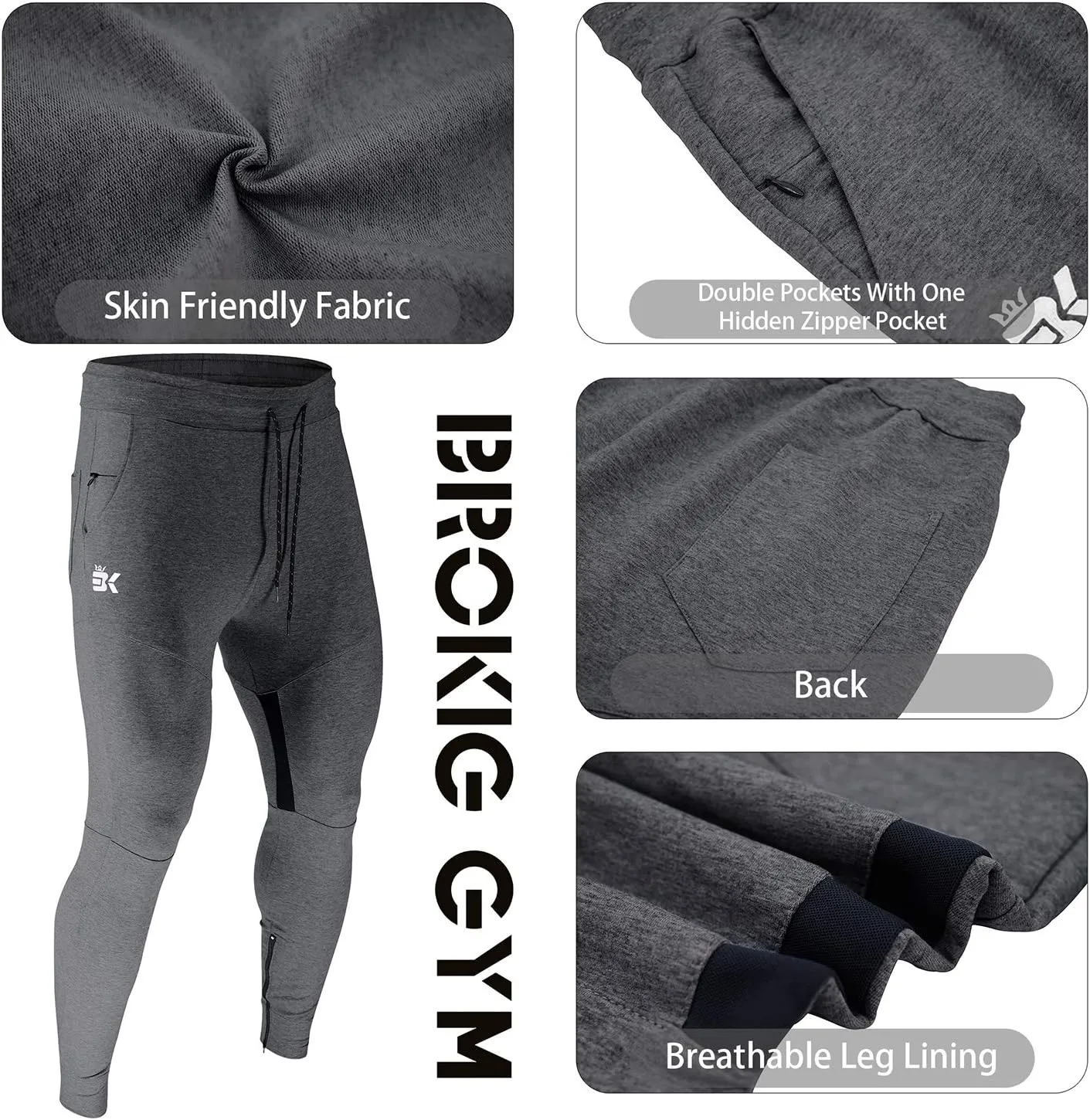 BROKIG Mens Gym Jogger Pants,Casual Slim Workout Sweatpants with Zipper Pockets Bodybuilding Athletic Pants