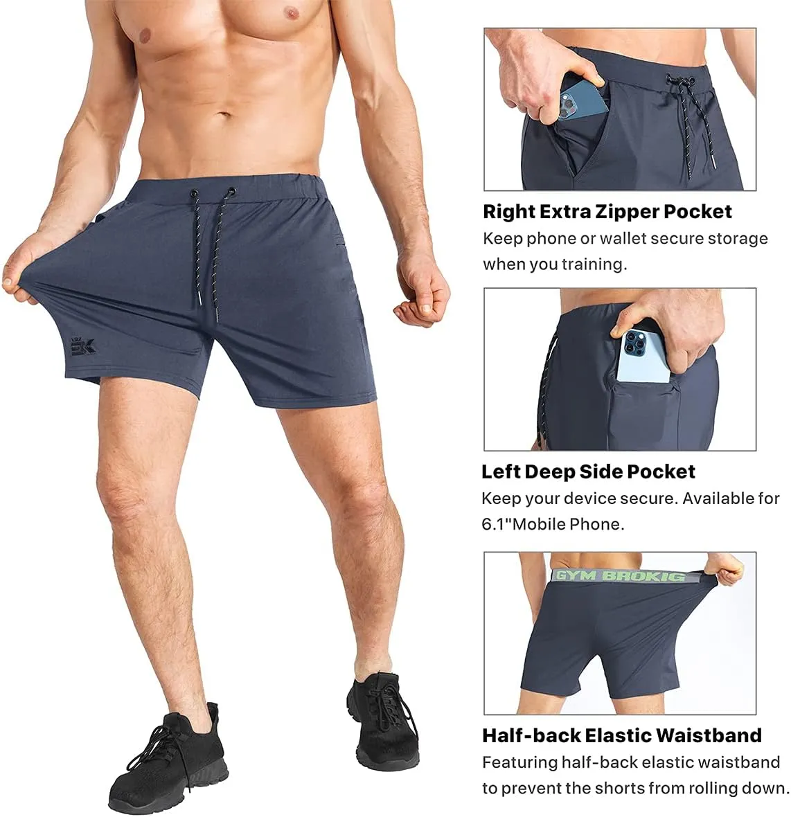 BROKIG Men's Lightweight Gym Shorts,Bodybuilding Quick Dry Running Athletic Workout Shorts for Men with Pockets