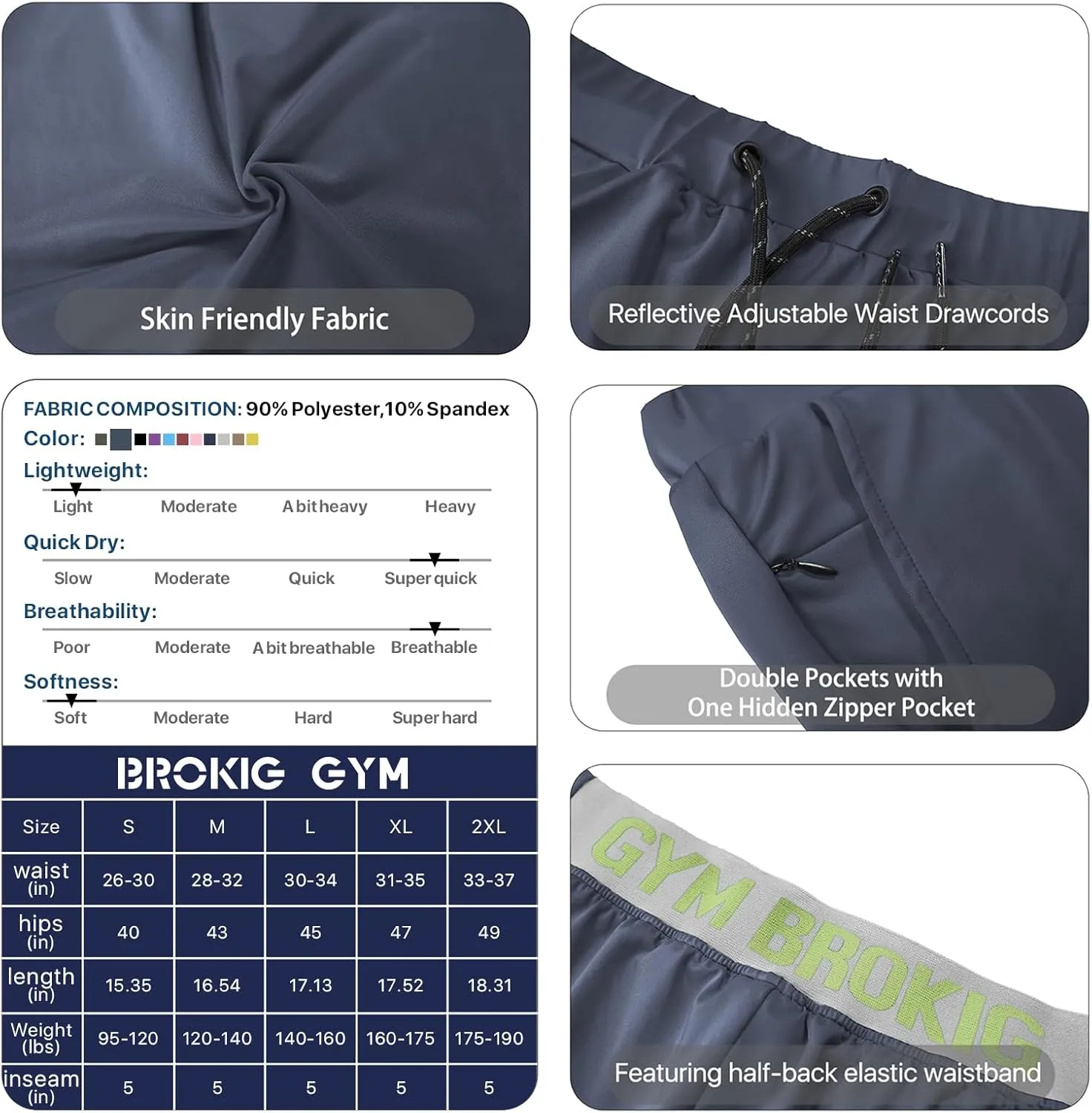 BROKIG Men's Lightweight Gym Shorts,Bodybuilding Quick Dry Running Athletic Workout Shorts for Men with Pockets