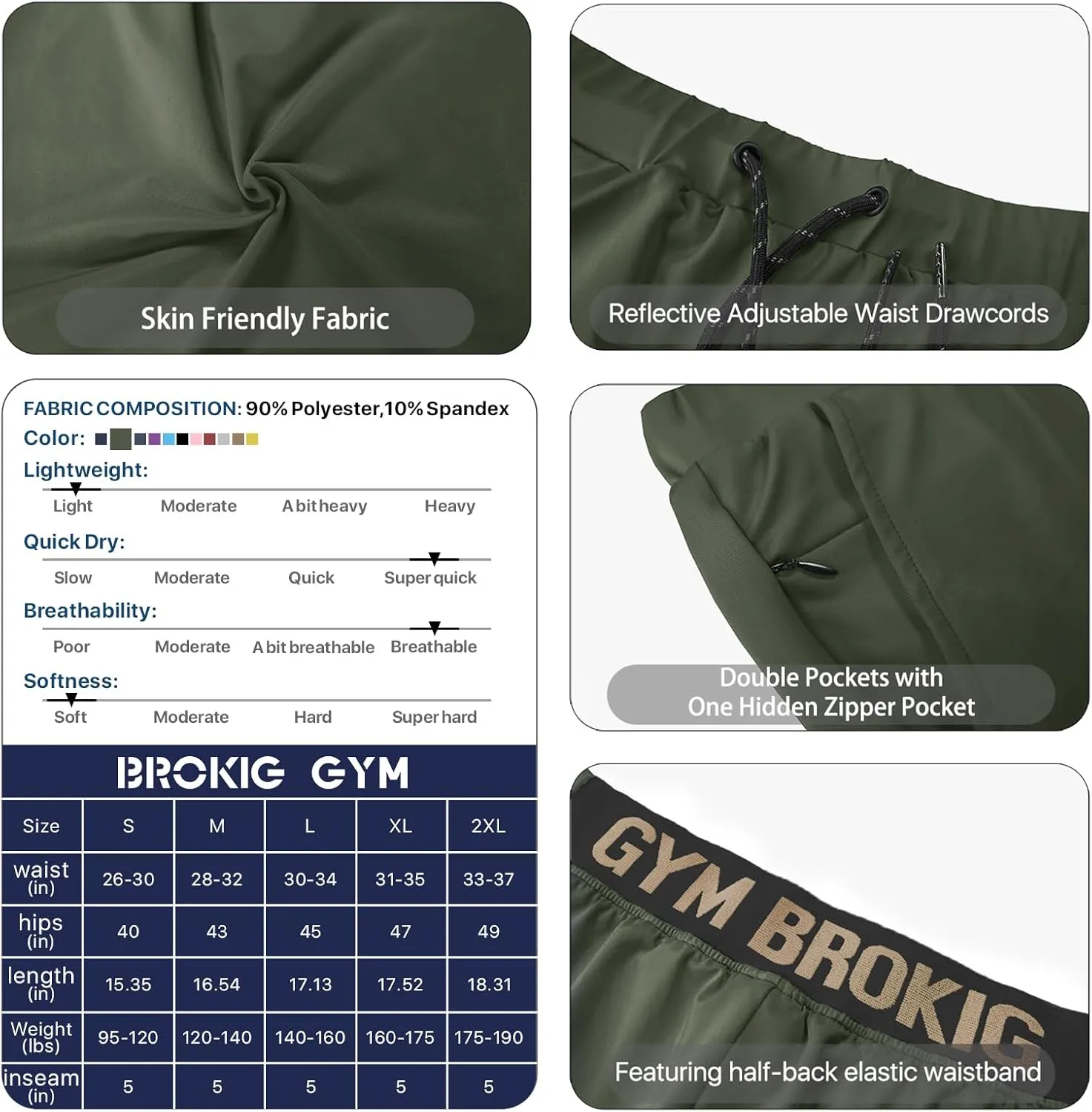 BROKIG Men's Lightweight Gym Shorts,Bodybuilding Quick Dry Running Athletic Workout Shorts for Men with Pockets