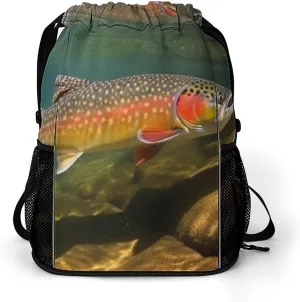 Brook Trout Fly Fishing Drawstring Backpack Draw String Bag Sports Gym Bags Cinch Bag Gift Bags Travel Sackpack