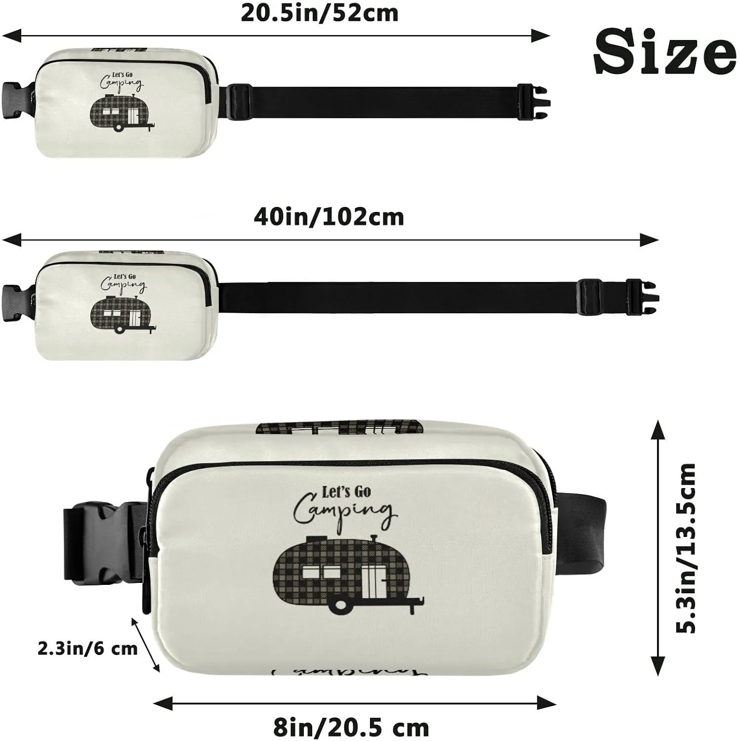 Brown Checker Plaid Grid Camper Car Silhouette Let's Go Camping Beige Adjustable Belt Running Bag, Crossbody Fanny Pack Waist Runners Bag Tote for Women Men Sports Hiking Fitness Exercise Gym Pouch