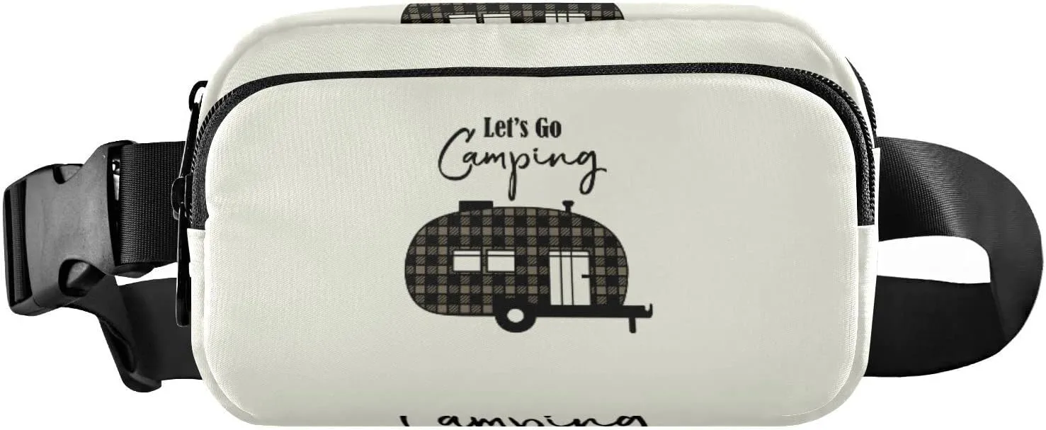 Brown Checker Plaid Grid Camper Car Silhouette Let's Go Camping Beige Adjustable Belt Running Bag, Crossbody Fanny Pack Waist Runners Bag Tote for Women Men Sports Hiking Fitness Exercise Gym Pouch