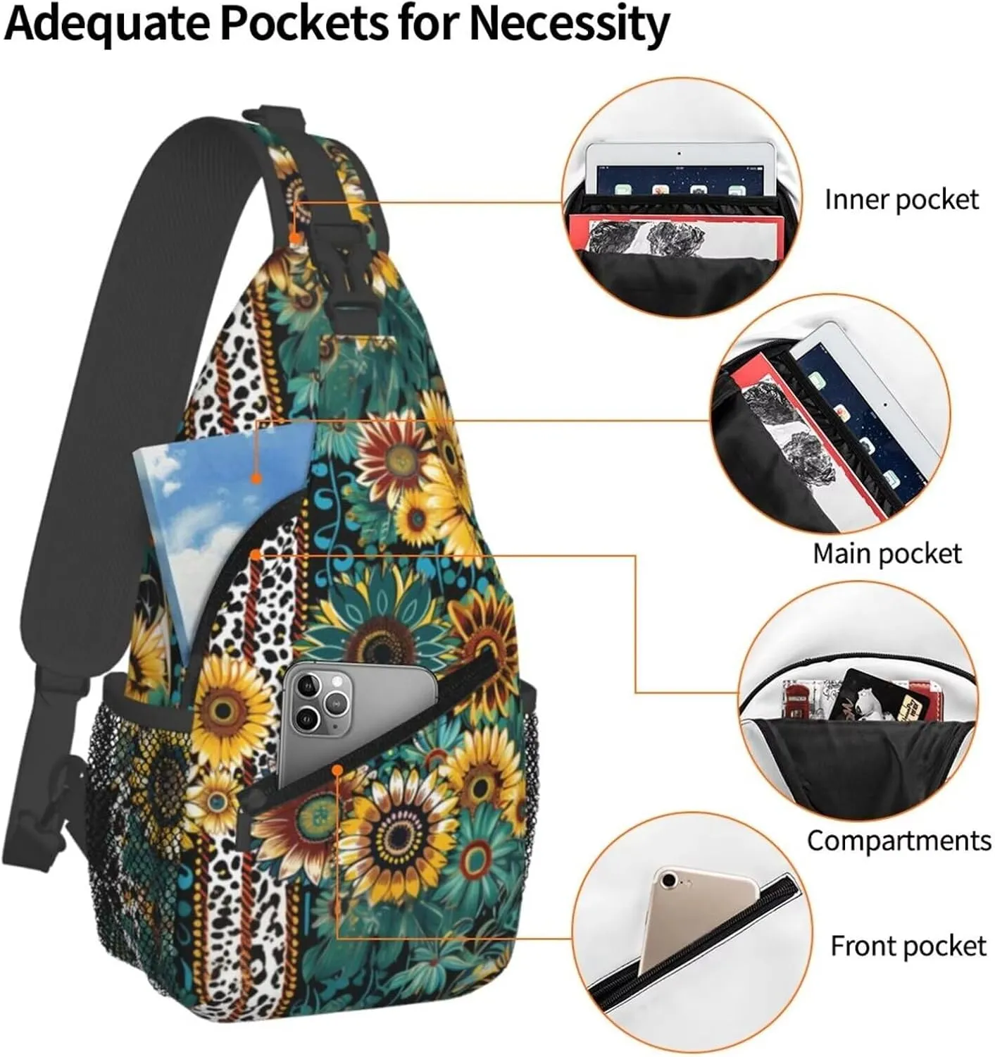 Brown Leopard Sling Bag Crossbody Backpack Sling Bags Green Leaves Sunflower Adjustable Chest Bag Casual Shoulder Daypack Backpack Travel Hiking Daypack