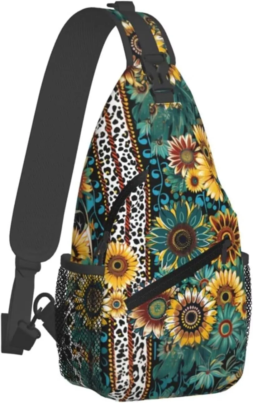 Brown Leopard Sling Bag Crossbody Backpack Sling Bags Green Leaves Sunflower Adjustable Chest Bag Casual Shoulder Daypack Backpack Travel Hiking Daypack