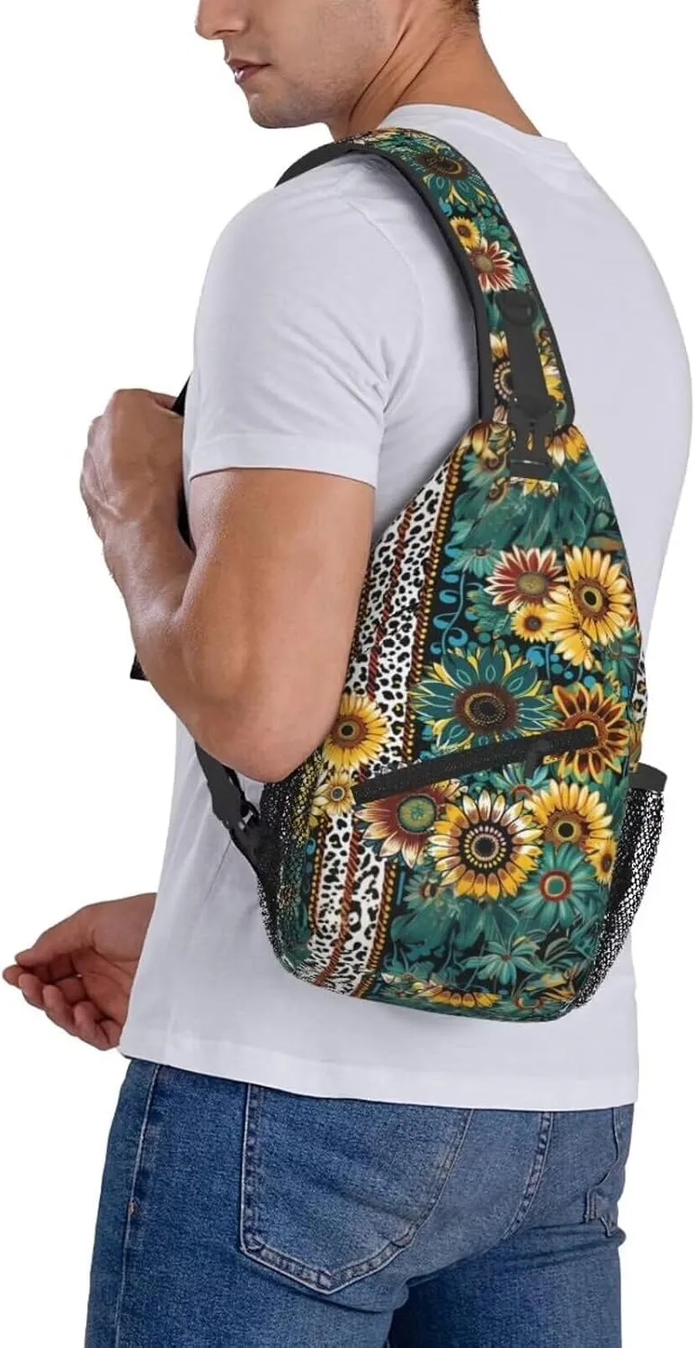 Brown Leopard Sling Bag Crossbody Backpack Sling Bags Green Leaves Sunflower Adjustable Chest Bag Casual Shoulder Daypack Backpack Travel Hiking Daypack