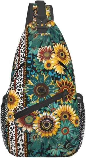 Brown Leopard Sling Bag Crossbody Backpack Sling Bags Green Leaves Sunflower Adjustable Chest Bag Casual Shoulder Daypack Backpack Travel Hiking Daypack